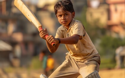 An Indian boy practices his cricket skills with passion and precision