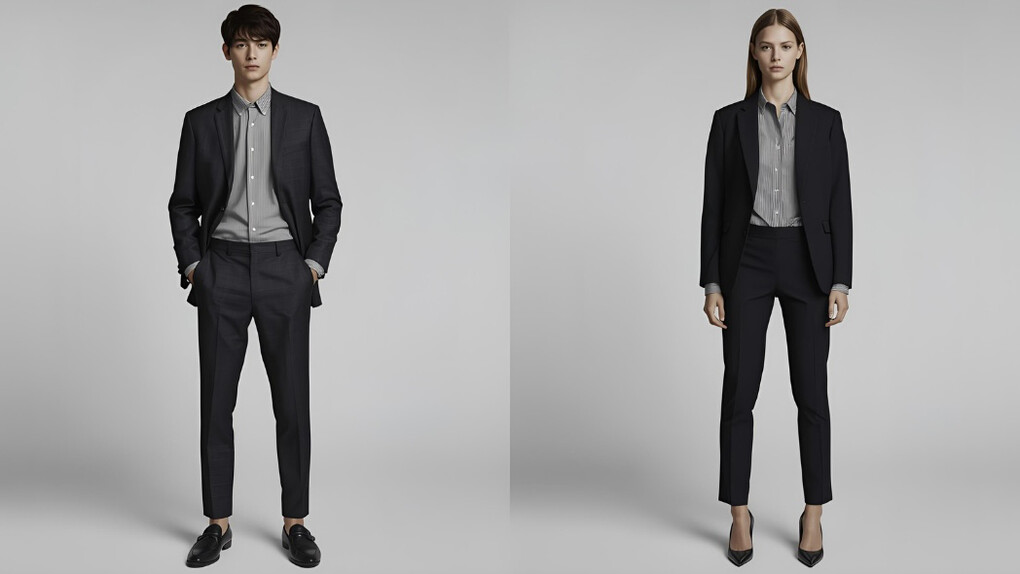 Male and female model stands side by side in suits, embodying genderless fashion