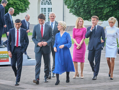 From left to right, the leaders include Rishi Sunak, the British Prime Minister; Justin Trudeau, the Canadian Prime Minister; Ursula von der Leyen, President of the European Commission; Brigitte Macron, spouse of Emmanuel Macron, the President of France; Krišjanis Kariņš, the Latvian Prime Minister; Kaja Kallas, the Estonian Prime Minister; and Emmanuel Macron, the President of France, Vilnius, Lithuania