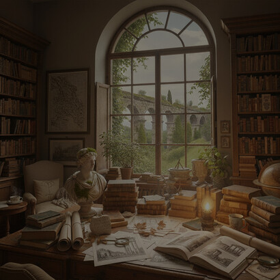 A timeless workspace where the past enters the room through the window, inviting reflection, curiosity, and quiet study