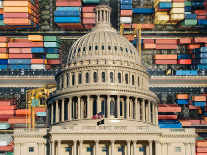 The image symbolizes the impact of tariffs on global supply chains, with the White House standing in front of stacked shipping containers to highlight rising trade tensions