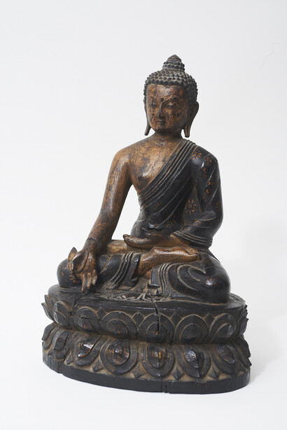 Medicine Buddha Bhaiṣajyaguru on Lotus Seat, Central Tibet; 18th or 19th century, Gilded and painted wood, Private Collection