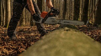 A close-up of a chainsaw cutting through a tree trunk in the forest