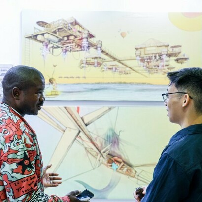 A wide view of the fair floor showcasing its international diversity, World Art Dubai, Dubai, United Arab Emirates