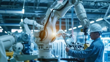 In a brightly lit, advanced manufacturing facility, a worker wearing a safety helmet closely monitors a state-of-the-art robotic arm in operation, ensuring precision and safety on the production line