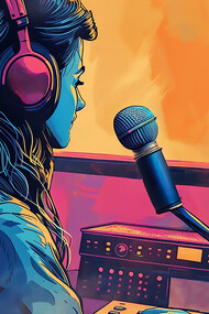 Retro digital art illustration, capturing the essence of podcast creation in its vintage charm