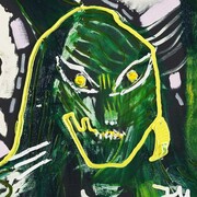 Jonathan Meese, "ZEDOZ, DER GRÜNE UNHEIMLICHE RUFT DICH HEUTE AN..." 2014, oil and acrylic on canvas, 100.5 x 80.3 x 3.3 cm, 39 5/8 x 31 5/8 x 1 1/4 ins (detail), Copyright the artist; Courtesy the artist and Stuart Shave/Modern Art, London