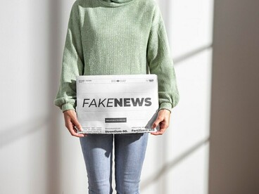 A woman with a newspaper headlined "Fake News," contemplating the impact of misinformation