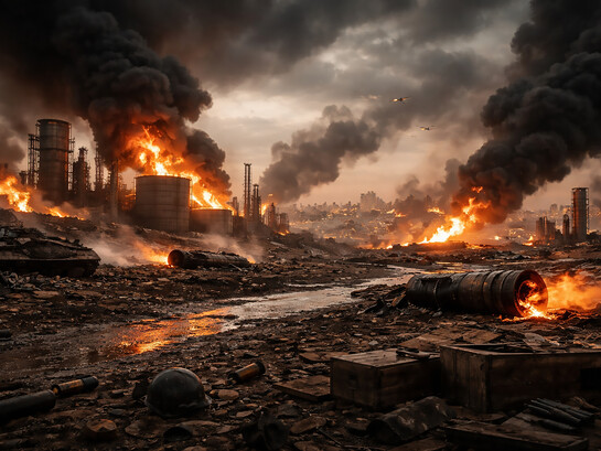 A devastated oil refinery burns amid thick smoke and scattered wreckage, symbolizing the destructive consequences of escalating conflicts and interventionist wars in the Middle East