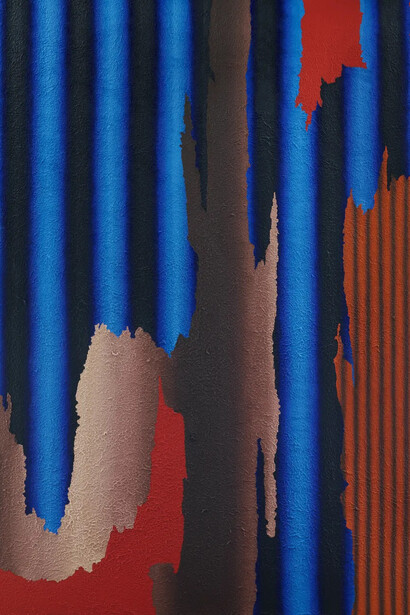 Kevin Lowenthal, Cerulean, reclaimed nude, molybdate orange curtain (detail), 2026. Courtesy of Brigitte Mulholland Gallery