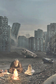 In a city nearly destroyed after the explosions, a man and his family huddle together, trying to find warmth amidst the remnants of war, poverty, and the consequences of mankind's actions, the devastating dystopian scene showcases the harsh realities of the aftermath of conflict and the desperate struggle for survival