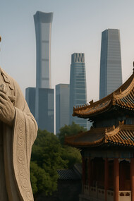 A statue of Confucius stands calmly between traditional Chinese architecture and a modern skyline, symbolizing the enduring influence of ancient wisdom in shaping the future of a changing global order