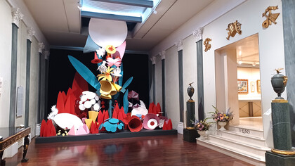 Fortunato Depero (1892–1960) Flora Magica, Stage set reproduction (orig. 1917), 500cm x 500cm x 400cm. Painted paper, cardboard, metal, and wood. Depero designed Flora Magica in 1917 as the scenography for Igor Stravinsky’s ballet Le Chant du Rossignol (The Nightingale). A key figure in Italian Futurism, he co-wrote Futurist Reconstruction of the Universe (1915) with Giacomo Balla, embracing the movement’s dynamic vision