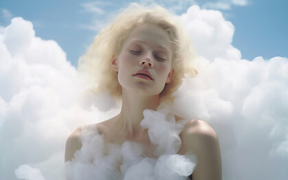 A dreamy scene of a woman floating in the sky, surrounded by soft white clouds