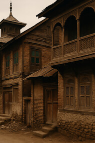 Traditional timber-framed houses line a quiet street in old Srinagar, showcasing Kashmir’s fading architectural heritage built from wood, stone, and centuries of craftsmanship