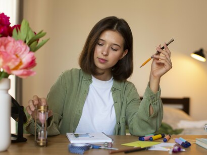 A woman introspecting before writing her journal, symbolizing creativity that exists beyond economic validation