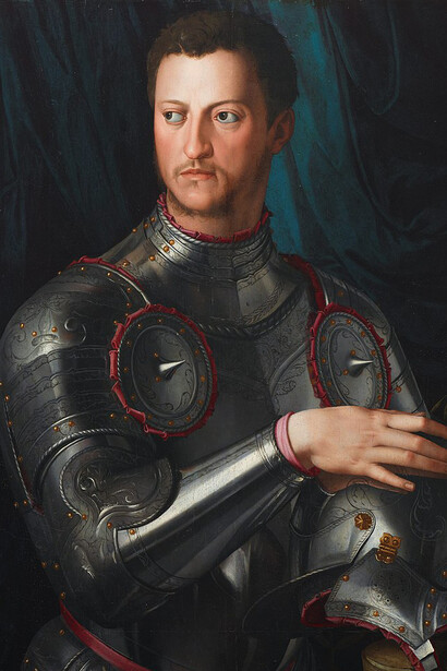 Portrait paintings of Cosimo I de' Medici in half length in armour by Agnolo Bronzino