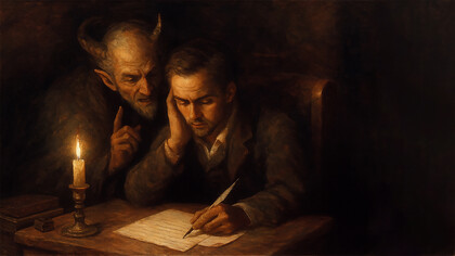 A man writes by candlelight as a shadowed figure whispers over his shoulder — a haunting reflection of temptation and moral struggle from The Screwtape Letters