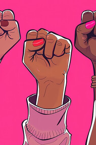 On a pink background, a women's fist symbolizes equality
