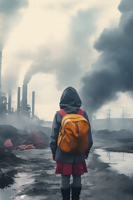 A factory emitting CO2 pollution contrasts with a young girl walking to school on a polluted, dirty road, illustrating the impact of global warming