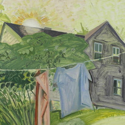 Lois Dodd, House + laundry on foggy day (detail), 2010. Courtesy of Alexandre Gallery 