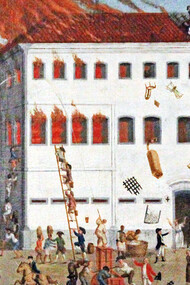 Obra de 1789 do pintor italo-brasileiro João Francisco Muzzi retrata o incêndio no antigo monastério de Nossa Senhora do Parto no Rio de Janeiro, Brasil