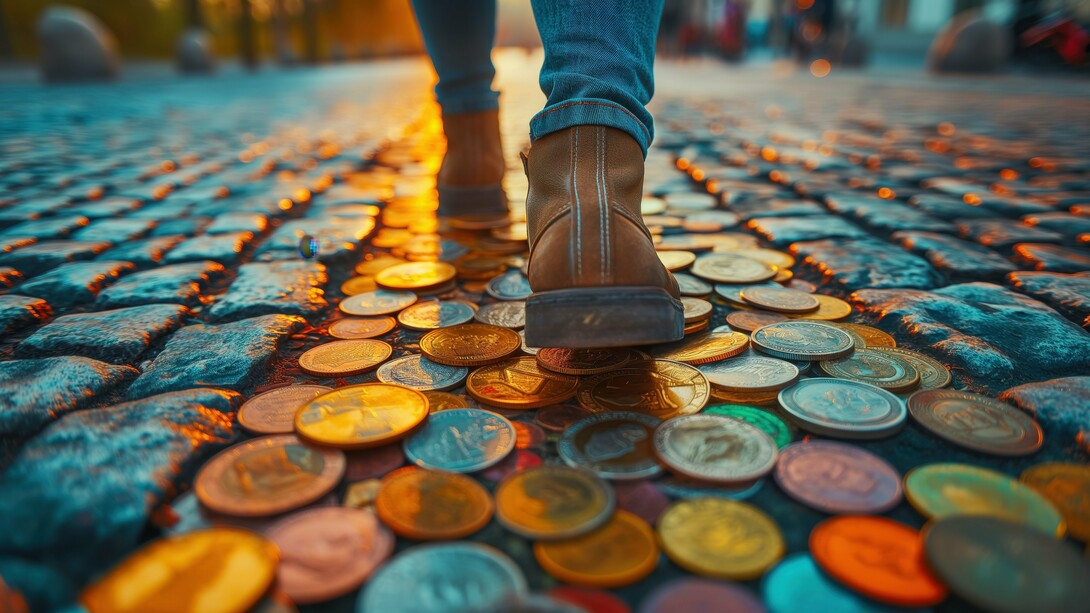A figure treading on scattered coins, illustrating the commodification of progress and success