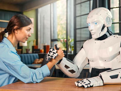 A robot and a woman working together on a laptop in an office, illustrating human–AI collaboration and interaction