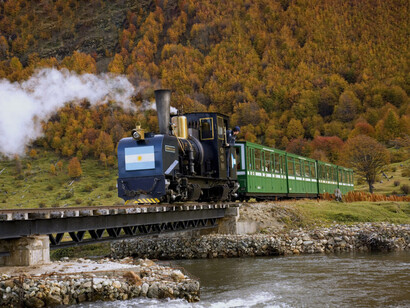 Durante el trayecto, el tren atraviesa bosques de lengas, cascadas y el curioso cementerio de árboles creado por los castores que alteraron el ecosistema fueguino. Ushuaia, Argentina