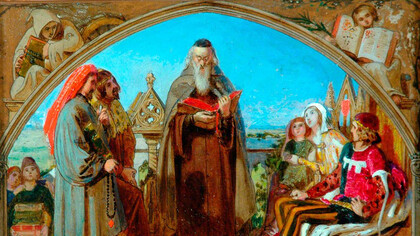 Ford Madox Brown (1821–1893). La primera traducción de la Biblia al inglés —Wycliffe leyendo su traducción del Nuevo Testamento a su protector—, Juan de Gante, duque de Lancaster, en presencia de Chaucer y Gower, sus vasallos. Pintura, 1847. The Cartwright Memorial Hall (Art Gallery And Museum) In Lister Park, 	
Bradford, Inglaterra