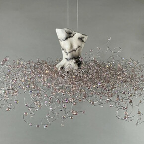 Estella Fransbergen, Horse hair finish clay torso w/ pink glass: suspended shorti (detail). Courtesy of Bonner David Gallery