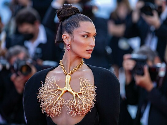 Bella Hadid wearing a Schiaparelli necklace at the 2021 Cannes Film Festival, France