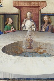 Os cavaleiros do Rei Artur, reunidos na Távola Redonda, têm uma visão do Santo Graal