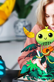 An image of a woman with a tablet device, showcasing her vibrant creativity, brings the concept of coming alive through technology to life