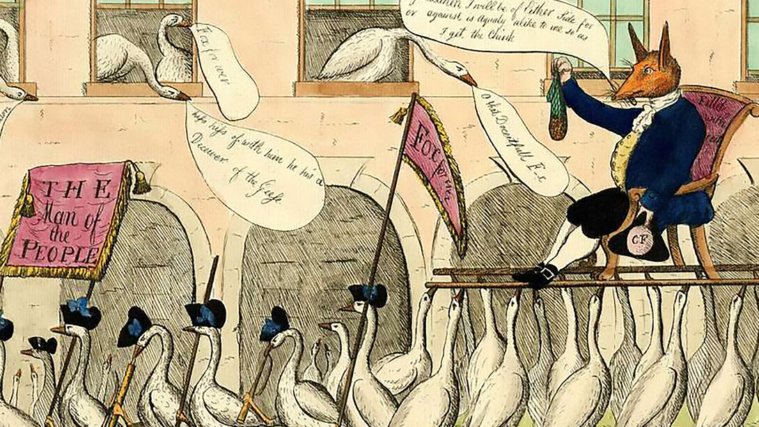 "The Re-Electing of Reynard, or Fox the Pride of the Geese," London, England. A satirical print depicting a fox being re-elected, surrounded by geese