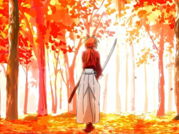 Kenshin framed by autumn hues, his red cloak catching the light, representing the way red visually marks characters carrying heavy pasts and complex inner histories