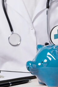 A doctor delicately holding a medical instrument while symbolically depositing money into a piggy bank, illustrating the juxtaposition of medical care and financial considerations in the healthcare industry