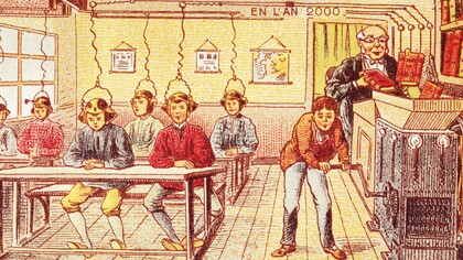 Cartão produzido em 1910, da série "França em 2000 - Escola do Futuro". Previa-se a escola francesa do ano 2000 operando com o princípio de baixar o conhecimento dos livros didáticos diretamente para o cérebro por meio de uma máquina elétrica. A IA oferece muitos benefícios, mas apresenta riscos complexos e significativos para a ética e a sociedade sem aplicações responsáveis. Os sistemas de IA assumem papéis de tomada de decisão mais autônomos, correndo o risco de viés algorítmico, falta de transparência, privacidade e segurança de dados e deslocamento de empregos