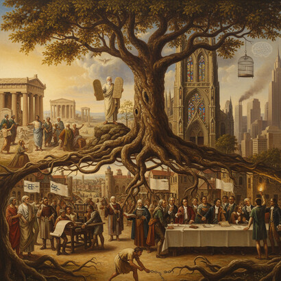 Artwork visualizing the historical path of liberty: starting with Socrates and Sinai, moving through Cathedrals and Scriptures, and ending in the modern cityscape