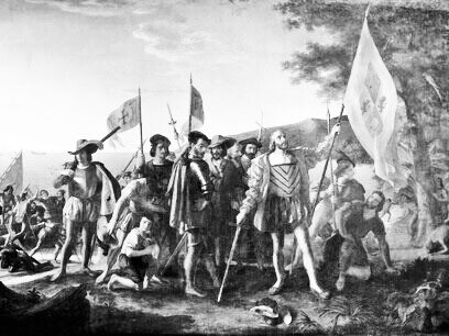 John Vanderlyn (1775–1852). "Desembarco de Colón", Cristóbal Colón aparece desembarcando en las Indias Occidentales, en una isla que los nativos llamaban Guanahani y él bautizó como San Salvador, el 12 de octubre de 1492. 1847, óleo sobre lienzo. Capitolio.