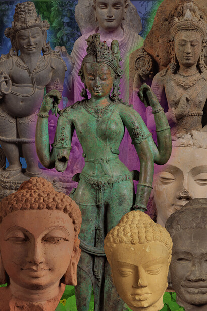 Ken Gonzales-Day, Shiva (Digital composition with India, Bihar, Lakhi Sarai, The Maharishi (Great Sage) Agastya; Pakistan, Gandhara region, Buddha Shakyamuni; Indonesia, Central Java, Brahma, The God of Creation; Nepal, The Androgynous Form of Shiva and Parvati (Ardhanarishvara); Pakistan or Afghanistan, Gandhara region, Head of Buddha Shakyamuni; India, Gujarat, Devni Mori, Head of Buddha Shakyamuni; India, Uttar Pradesh, Sarnath, Head of Buddha Shakyamuni; Cambodia, Head of Buddha Shakyamuni; all LACMA), 2025. Courtesy of Luis De Jesus Gallery