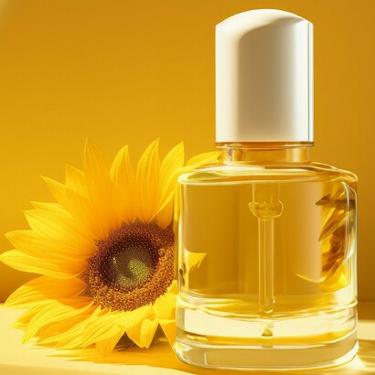 A bright and fresh fragrance bottle set against a sunflower, symbolizing the essence of seasonal product releases by brands. These timely launches captivate consumers' senses, fostering loyalty through the anticipation and excitement of new, limited-time offerings.