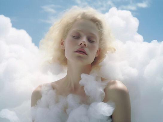 A dreamy scene of a woman floating in the sky, surrounded by soft white clouds
