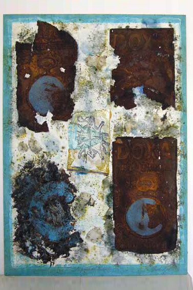 Claudio Costa, Le parole del passato 1992, ruggine, vetro, fotocopia, vegetali e tecnica mista su tavola cm. 100 x 70
