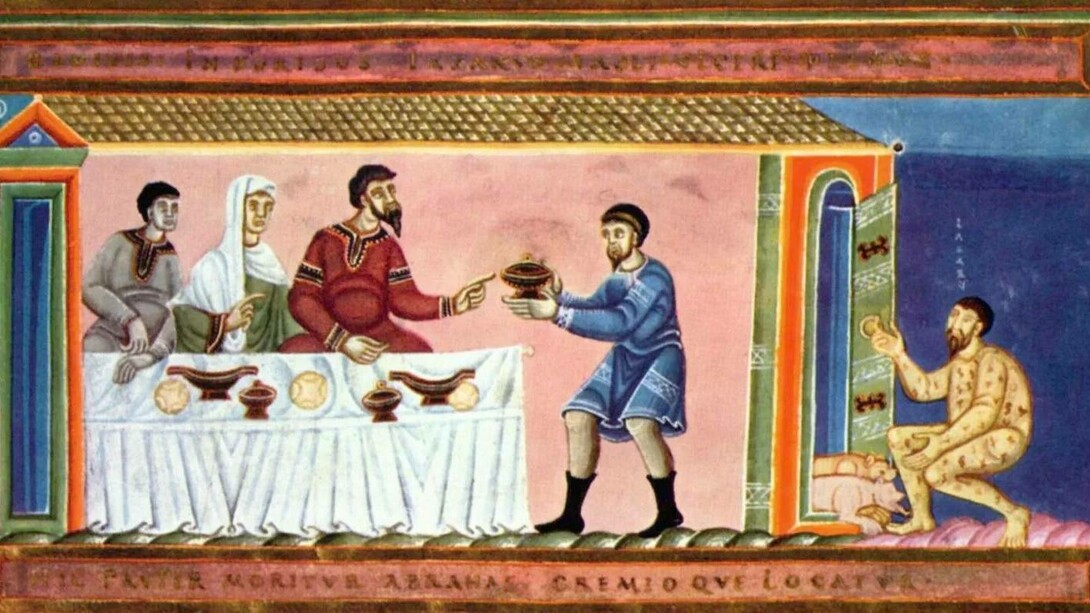 Lazzaro e il ricco epulone, illustrazione dall'Evangeliario di Echternach, pannello superiore: Lazzaro alla porta dell'uomo ricco

