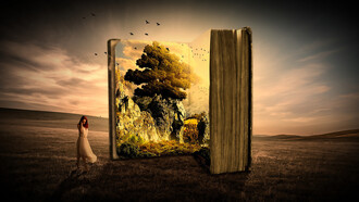 A woman stands in a serene meadow, next to a book that symbolizes life, knowledge, and the secret wisdom to be learned from nature and the human spirit, blending reality with a touch of fantasy