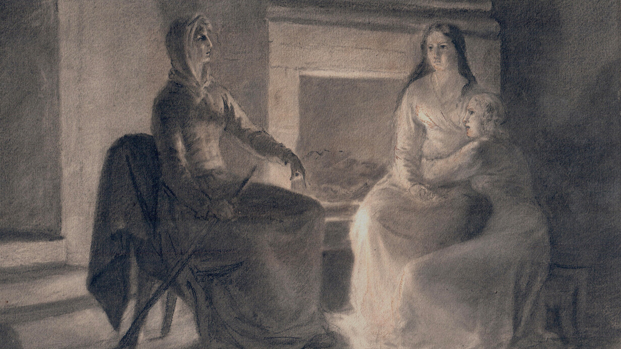 Stéphanie de Virieu, Three women around a fireplace (detail), c. 1825-1830. Courtesy of Jill Newhouse Gallery