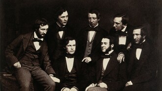 Lister (sentado, con las manos estrechadas) con otros compañeros residentes del Old Royal Infirmary de Edimburgo (1855)