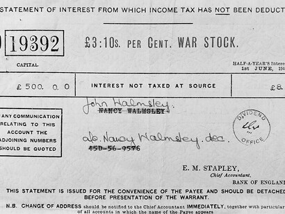 Banca d'Inghilterra, titoli di guerra d'epoca. Dichiarazione di interessi, 1 giugno 1946