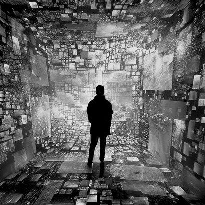 A solitary person surrounded by glowing screens, their silhouette illuminated by digital light